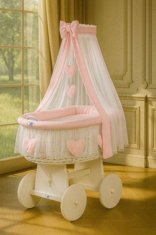 Wiklinowy kosz Mojżesza z baldachimem Amelia - biały + różowa pościel