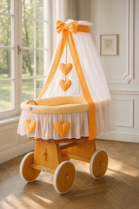 Wiklinowy kosz Mojżesza z baldachimem Amelia - naturalny + brzoskwiniowa pościel