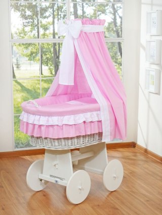 Wiklinowy kosz Mojżesza z baldachimem Bellamy - biały + różowa pościel