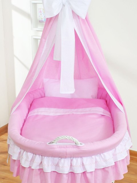 Wiklinowy kosz Mojżesza z baldachimem Bellamy - biały + różowa pościel