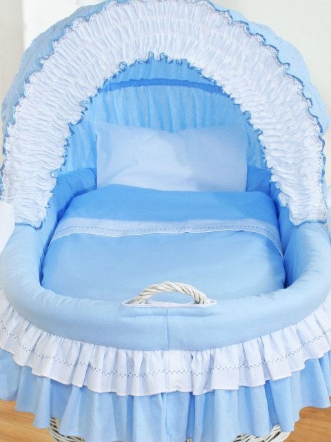 Wiklinowy kosz Mojżesza ze składaną budką Bellamy - biały + niebieska pościel