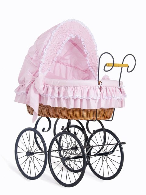 Wiklinowy kosz Mojżesza Retro ze składaną budką Victoria - naturalny + różowa pościel z koronką