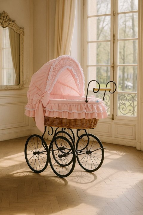 Wiklinowy kosz Mojżesza Retro ze składaną budką Victoria - naturalny + różowa pościel z koronką