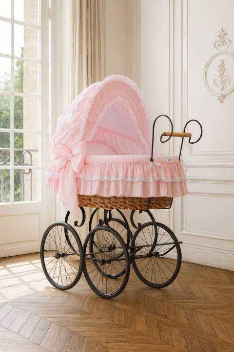 Wiklinowy kosz Mojżesza Retro ze składaną budką Victoria - naturalny + różowa pościel z koronką