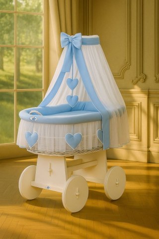 Wiklinowy kosz Mojżesza z baldachimem Amelia - biały + niebieska pościel