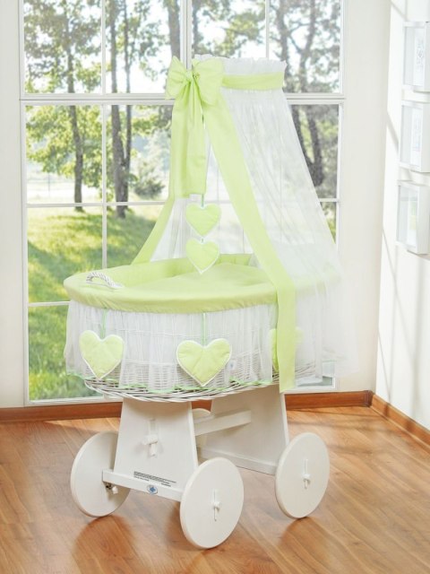 Wiklinowy kosz Mojżesza z baldachimem Amelia - biały + zielona pościel