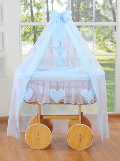 Wiklinowy kosz Mojżesza z baldachimem Deluxe Amelia - naturalny + niebieska pościel