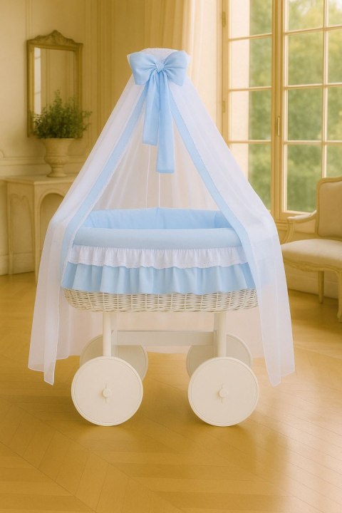 Wiklinowy kosz Mojżesza z baldachimem Deluxe Bellamy - biały + niebieska pościel