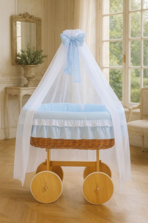 Wiklinowy kosz Mojżesza z baldachimem Deluxe Bellamy - naturalny + niebieska pościel