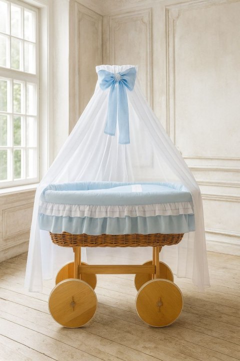 Wiklinowy kosz Mojżesza z baldachimem Deluxe Bellamy - naturalny + niebieska pościel