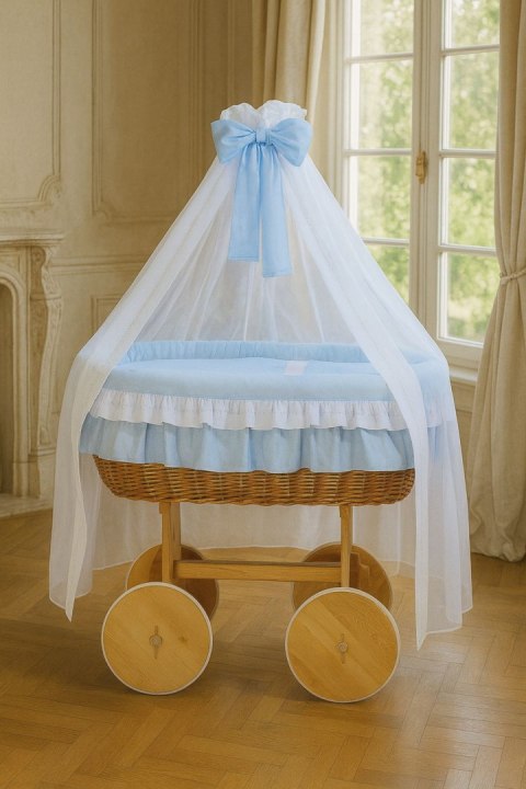 Wiklinowy kosz Mojżesza z baldachimem Deluxe Bellamy - naturalny + niebieska pościel