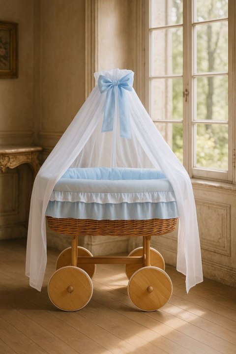 Wiklinowy kosz Mojżesza z baldachimem Deluxe Bellamy - naturalny + niebieska pościel