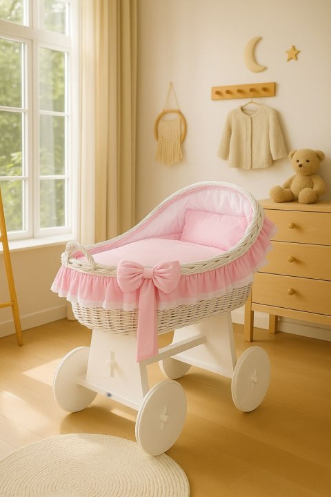 Wiklinowy kosz Mojżesza z budką wiklinową Carina biały + różowa pościel