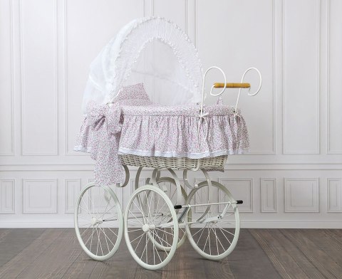 Wiklinowy kosz Mojżesza Retro ze składaną budką Jasmine - biały + różowa pościel z koronką