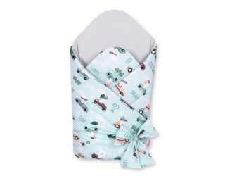 Rożek dla niemowląt z wiązaniem 2w1 usztywniany i miękki - zające w autkach miętowe