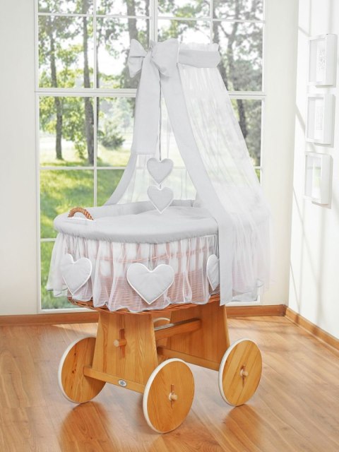 Wiklinowy kosz Mojżesza z baldachimem Amelia - naturalny + szara pościel