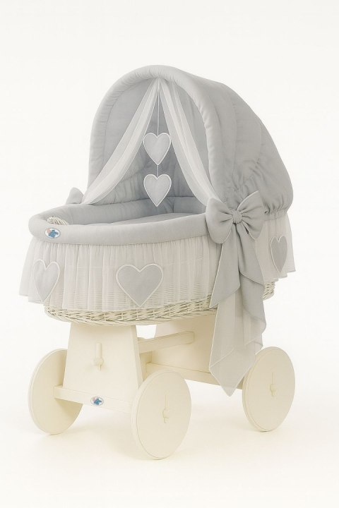 Wiklinowy kosz Mojżesza ze składaną budką Amelia - biały + szara pościel