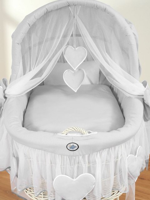 Wiklinowy kosz Mojżesza ze składaną budką Amelia - biały + szara pościel