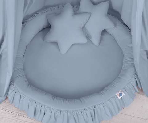 Zestaw: baldachim wiszący do pokoju dziecięcego, gniazdko z falbanką, poduszki - brudny niebieski