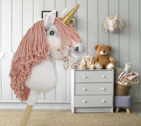 Hobby Horse Jednorożec na kiju mały biały, grzywa brudny róż i złoty róg