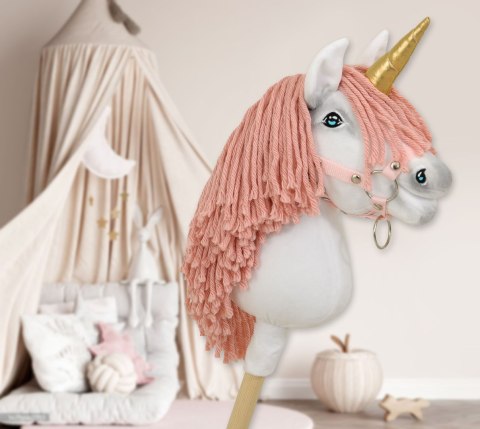 Hobby Horse Jednorożec na kiju mały biały, grzywa brudny róż i złoty róg