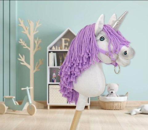 Hobby Horse Jednorożec na kiju mały biały, grzywa fioletowa i srebrny róg