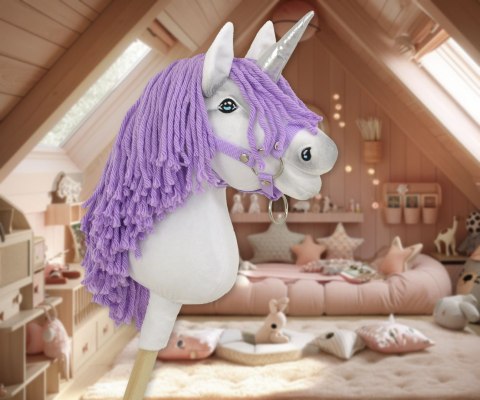 Hobby Horse Jednorożec na kiju mały biały, grzywa fioletowa i srebrny róg