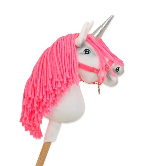 Hobby Horse Jednorożec na kiju mały biały, grzywa neon róż i srebrny róg