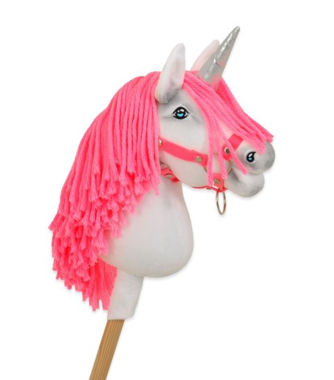 Hobby Horse Jednorożec na kiju mały biały, grzywa neon róż i srebrny róg