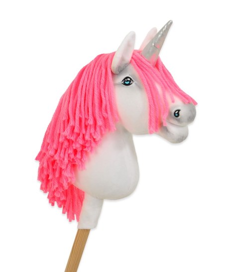 Hobby Horse Jednorożec na kiju mały biały, grzywa neon róż i srebrny róg
