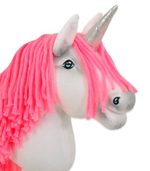 Hobby Horse Jednorożec na kiju mały biały, grzywa neon róż i srebrny róg