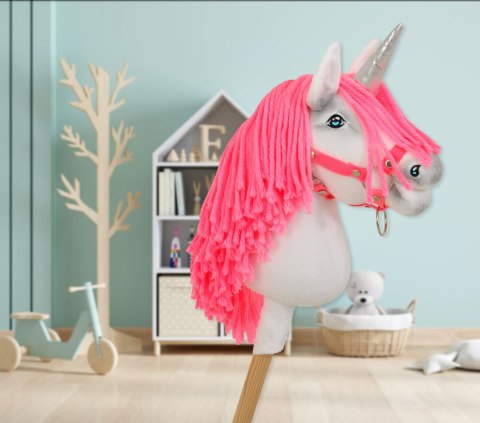 Hobby Horse Jednorożec na kiju mały biały, grzywa neon róż i srebrny róg