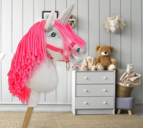 Hobby Horse Jednorożec na kiju mały biały, grzywa neon róż i srebrny róg
