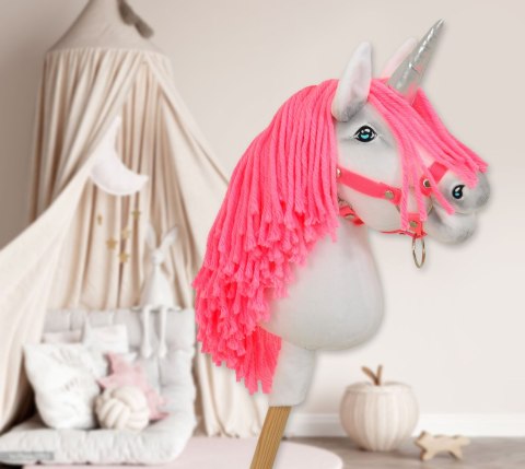 Hobby Horse Jednorożec na kiju mały biały, grzywa neon róż i srebrny róg