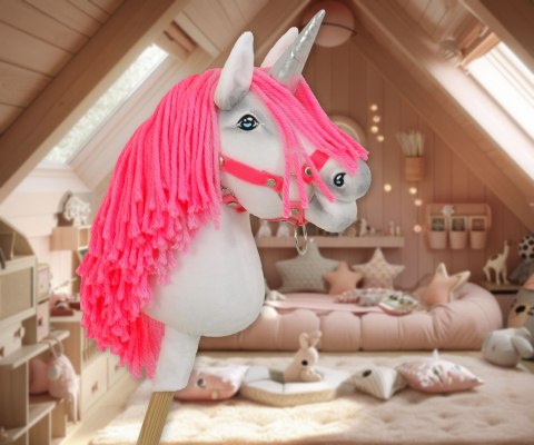 Hobby Horse Jednorożec na kiju mały biały, grzywa neon róż i srebrny róg