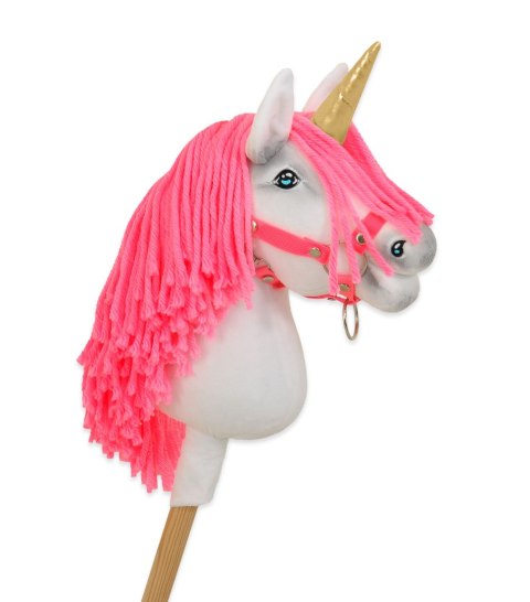 Hobby Horse Jednorożec na kiju mały biały, grzywa neonowy róż i złoty róg