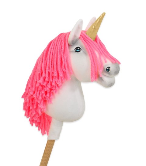 Hobby Horse Jednorożec na kiju mały biały, grzywa neonowy róż i złoty róg