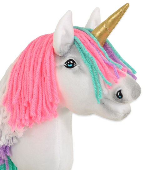 Hobby Horse Jednorożec na kiju mały biały z kolorową grzywą i złotym rogiem
