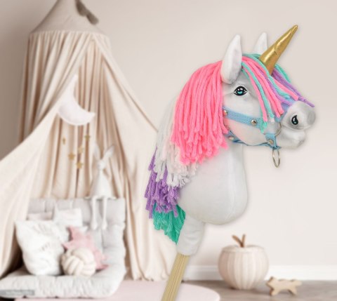 Hobby Horse Jednorożec na kiju mały biały z kolorową grzywą i złotym rogiem
