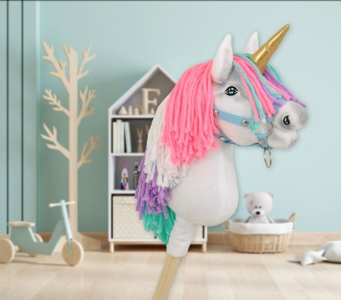 Hobby Horse Jednorożec na kiju mały biały z kolorową grzywą i złotym rogiem