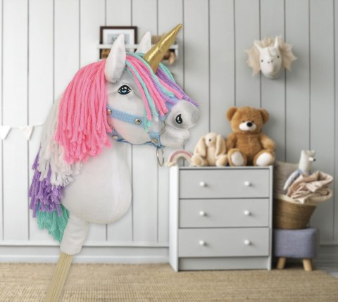 Hobby Horse Jednorożec na kiju mały biały z kolorową grzywą i złotym rogiem