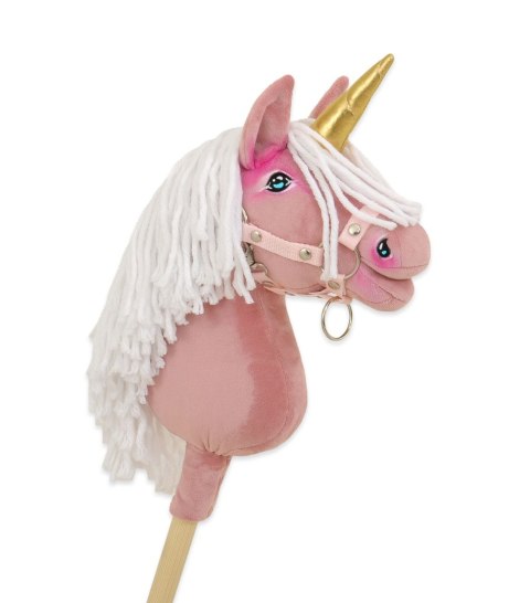 Hobby Horse Jednorożec na kiju mały brudny róż z białą grzywą i złotym rogiem