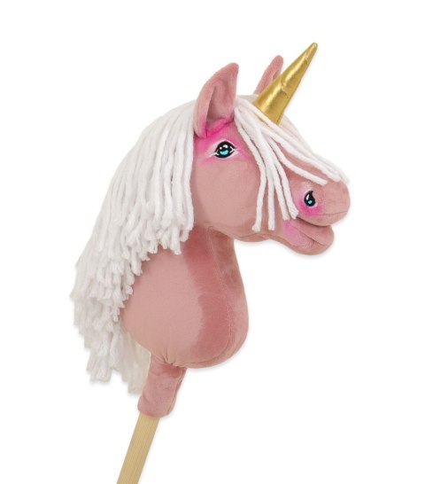 Hobby Horse Jednorożec na kiju mały brudny róż z białą grzywą i złotym rogiem