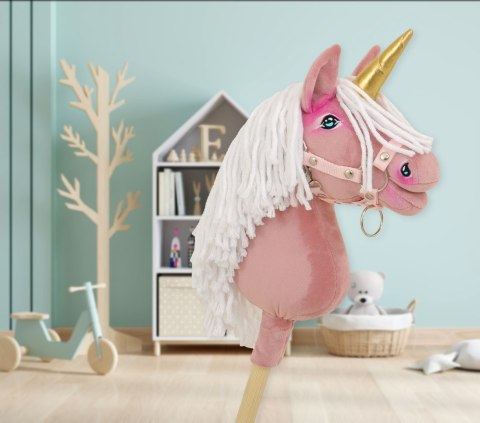 Hobby Horse Jednorożec na kiju mały brudny róż z białą grzywą i złotym rogiem