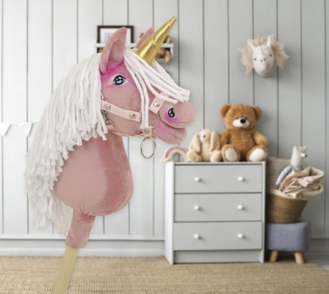 Hobby Horse Jednorożec na kiju mały brudny róż z białą grzywą i złotym rogiem