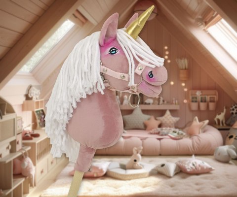 Hobby Horse Jednorożec na kiju mały brudny róż z białą grzywą i złotym rogiem