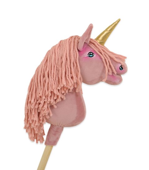 Hobby Horse Jednorożec na kiju mały brudny róż z różową grzywą i złotym rogiem