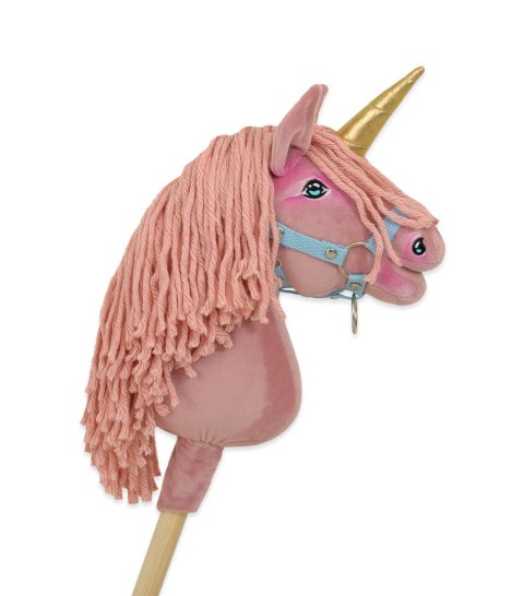 Hobby Horse Jednorożec na kiju mały brudny róż z różową grzywą i złotym rogiem
