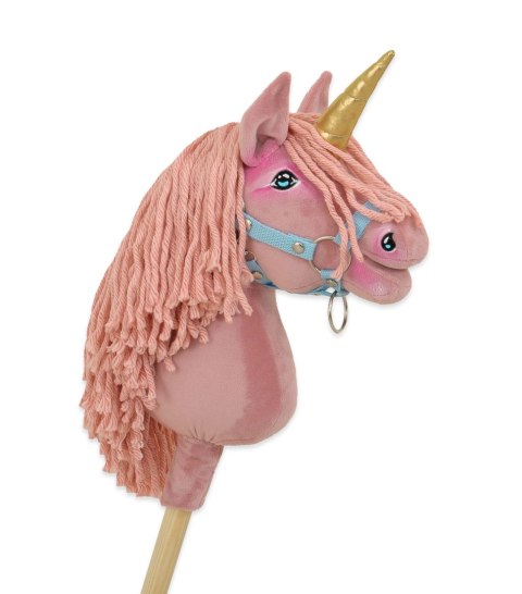 Hobby Horse Jednorożec na kiju mały brudny róż z różową grzywą i złotym rogiem