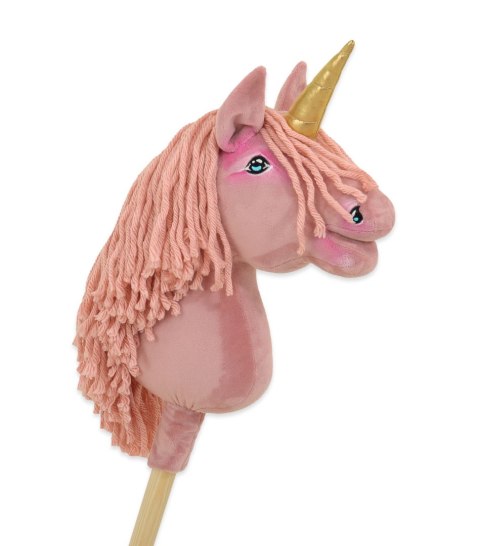 Hobby Horse Jednorożec na kiju mały brudny róż z różową grzywą i złotym rogiem